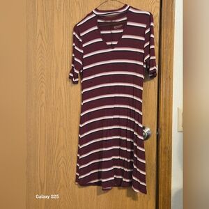 Striped V-Neck Swing Dress in Burgundy and White